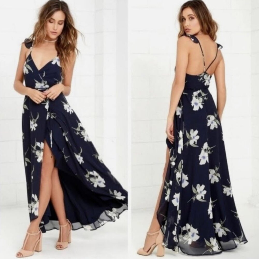 Lulu’s All Mine High-Low Wrap Dress XL Womens Navy Blue Floral Print Tie Waist